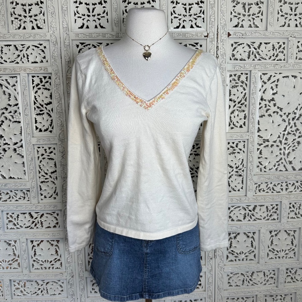 GAP Cream Sequin Beaded V Neck Fairy Y2K Wool Angora‎ Blend Blouse Sz Small